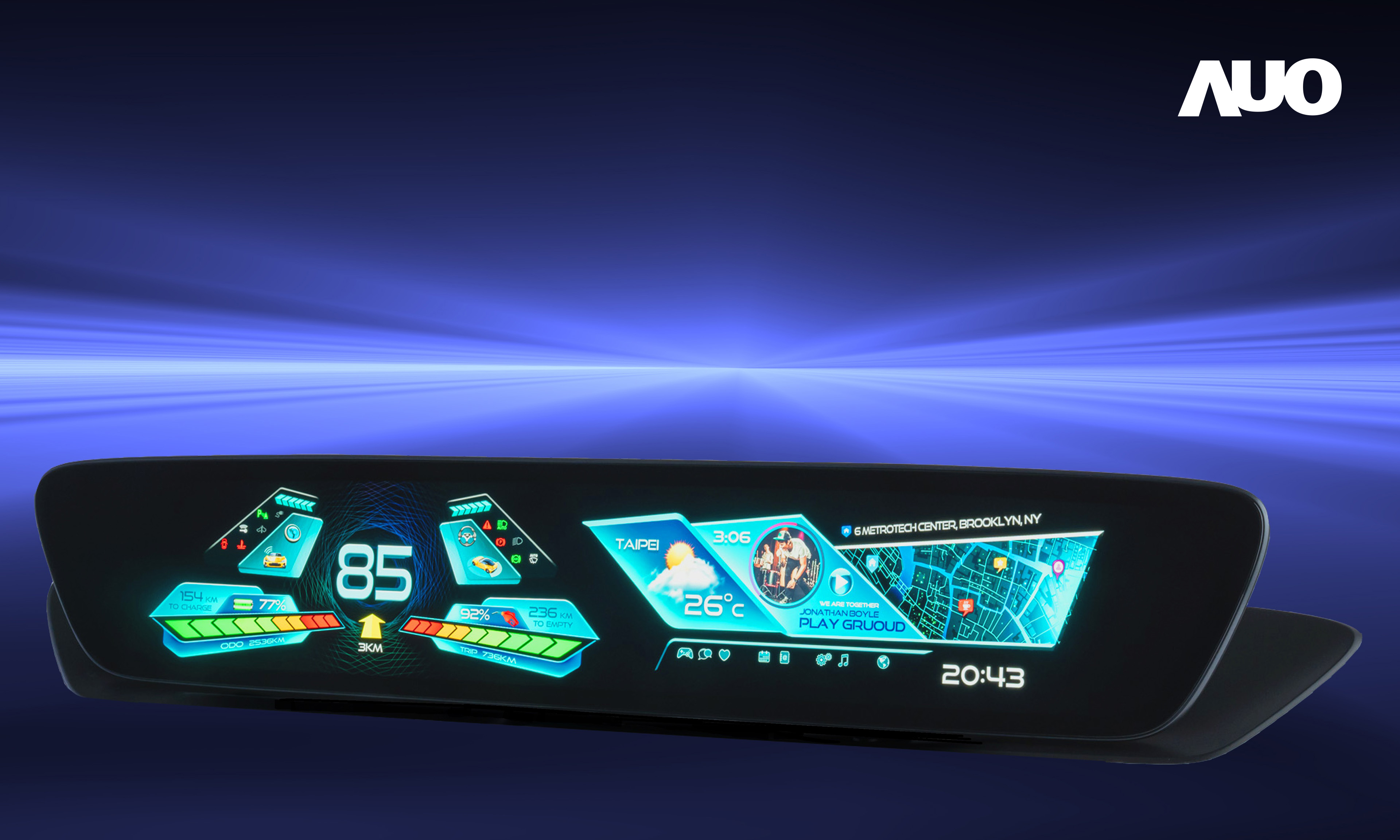 友達30.4吋異形曲面AmLED車載顯示系統，為一兼具儀表板及中控台人機介面的創新車載顯示系統，結合美學設計，提升車內科技沉浸感及使用體驗，讓車載顯示的未來應用更加多元化