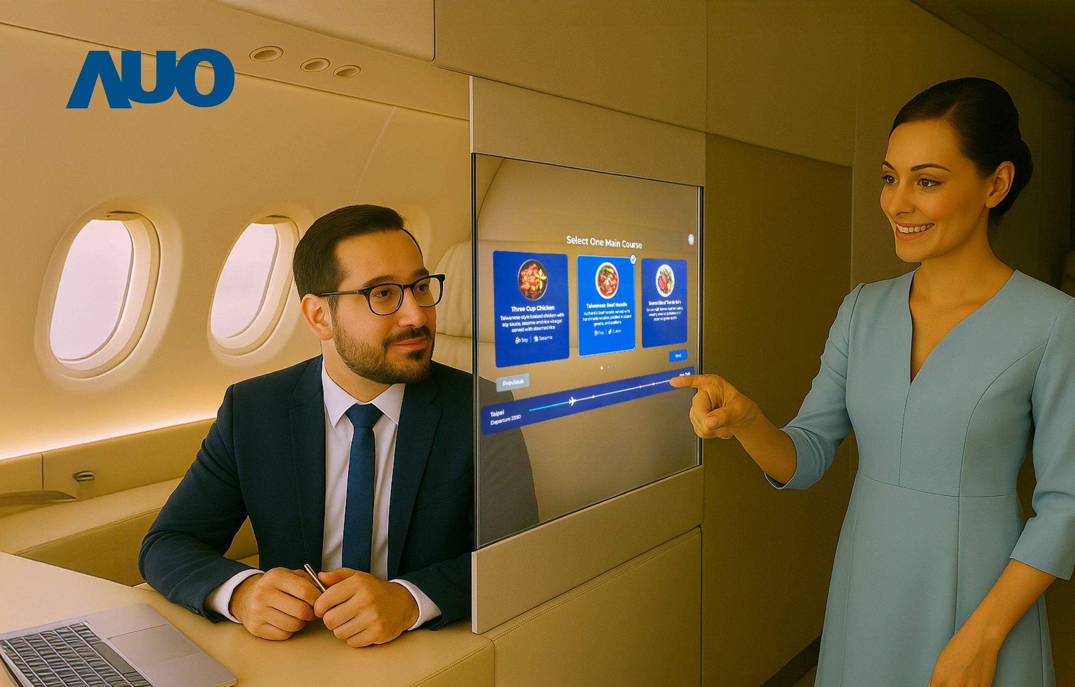 熊猫体育研发全球最薄17.3 吋双面透明 Micro LED 显示器，可在同一屏幕之双边投射不同信息，创造独特的&rdquo;透明化&rdquo;互动；图为实时翻译交流应用情境