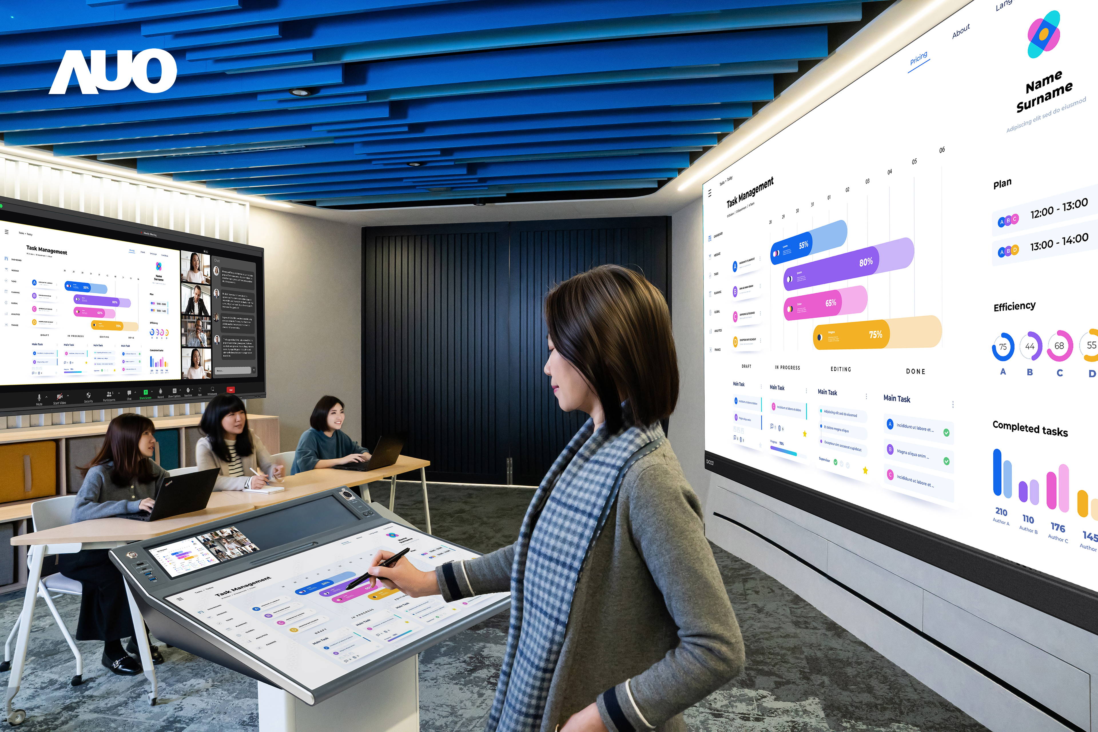 达擎携手Avocor与Rise Vision展示全方位商务领域应用，包含采用模块化设计的138吋一体式All-in-One LED显示器及具21:9超宽比例的92吋交互式电子白板（IFPD），讲者可轻松分享内容，有效提升会议协作效率。